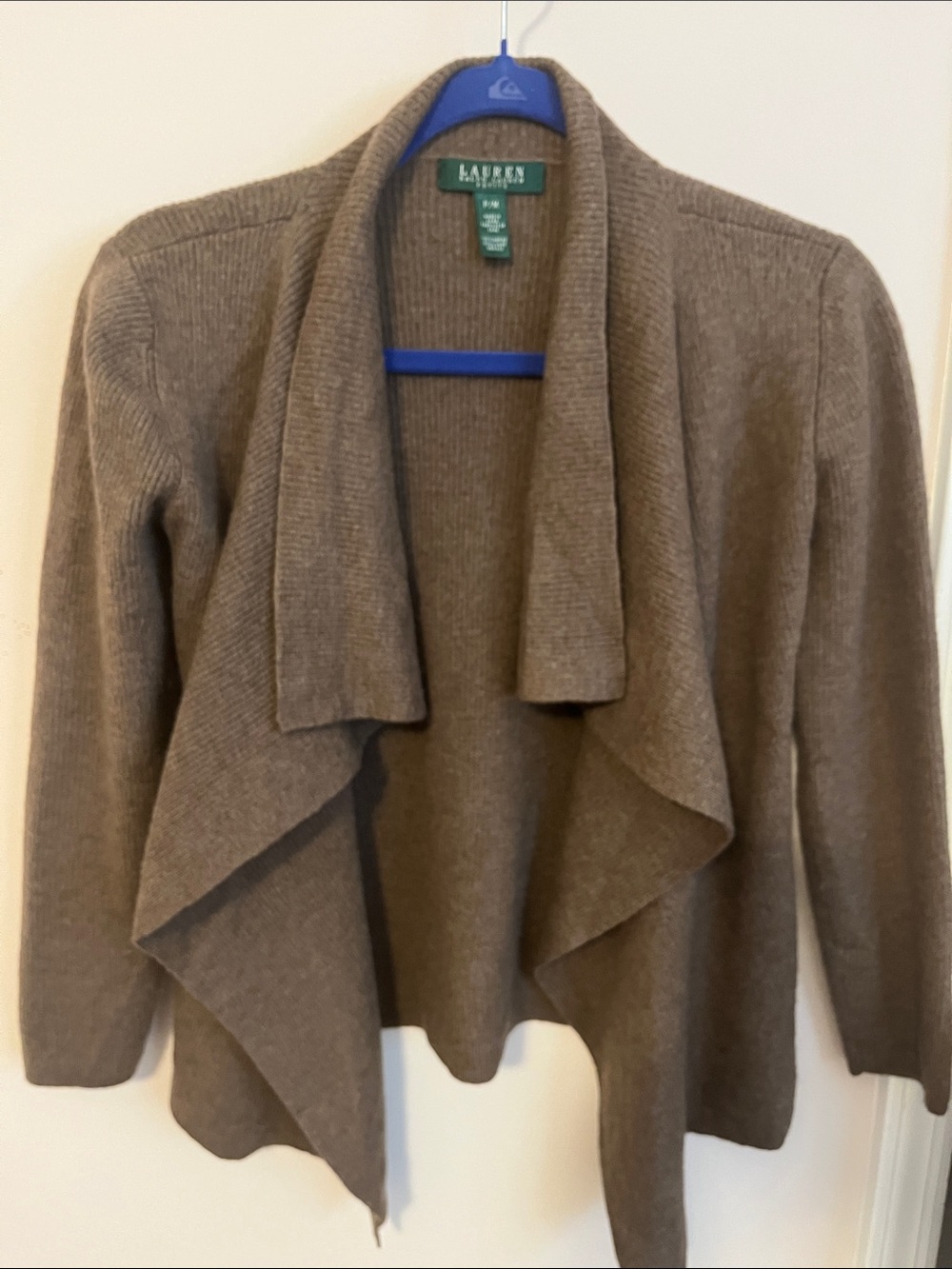 Ralph Lauren Taupe Open-Front Draped 100% Merino Wool Cardigan